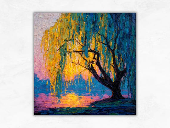Florida Sunset Weeping Willow Tree Oil Painting: Colorful Lake