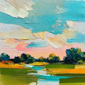 Florida Pastel Landscape Oil Painting Sunset Sky Field Original Impasto Artwork Colorful Countryside Canvas Art Gift by ArtSenya