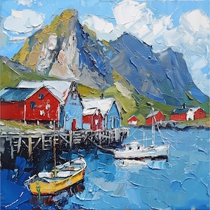 Lofoten Island Painting On Canvas Norway Landscape Original Art Norwegian Houses Impasto Wall Art Decor Office Decor by ArtSenya