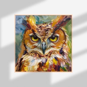 May include: A close-up of an owl's face with yellow eyes, brown and orange feathers, and a textured, painterly style.