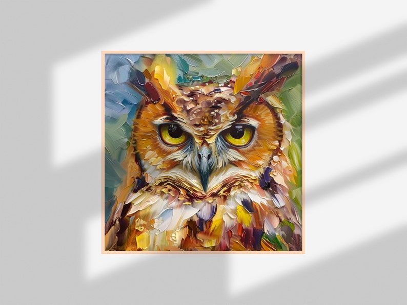 May include: A close-up of an owl's face with yellow eyes, brown and orange feathers, and a textured, painterly style.
