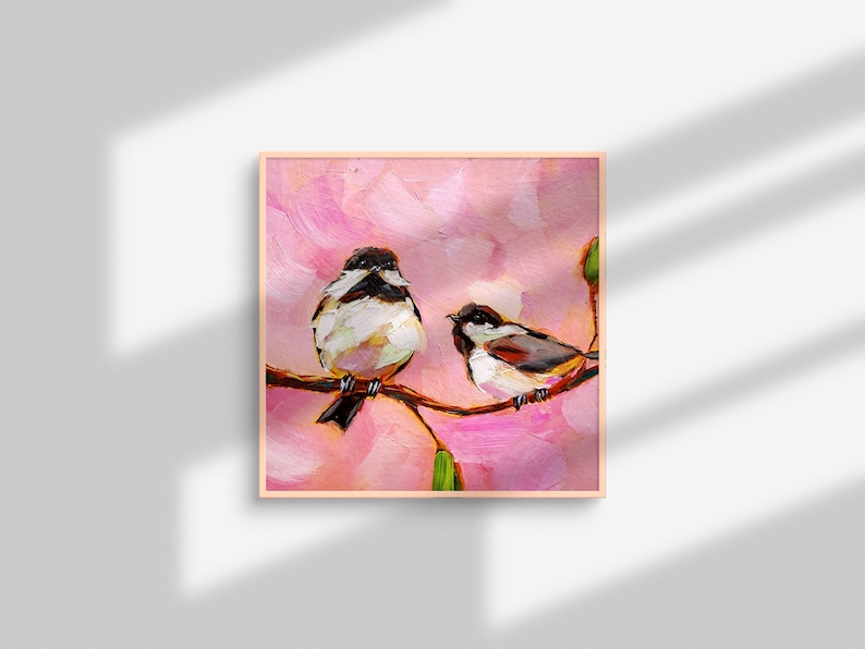 Chickadee Painting Bird Original Art Couple Animals Oil Painting Friendship Artwork image 6