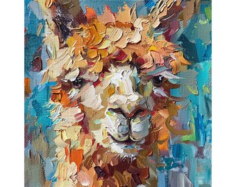 油彩画 アルパカ 油絵 恋するアルパカの絵画：オリジナル油彩インパスト作品（14 x 14インチ