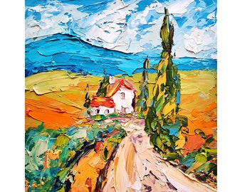 May include: Impasto oil painting of a Tuscan landscape. A white house with a red roof sits on a hill, with a road leading towards it. Tall green cypress trees stand beside the house. The sky is blue with white clouds, and the fields are orange and yellow.