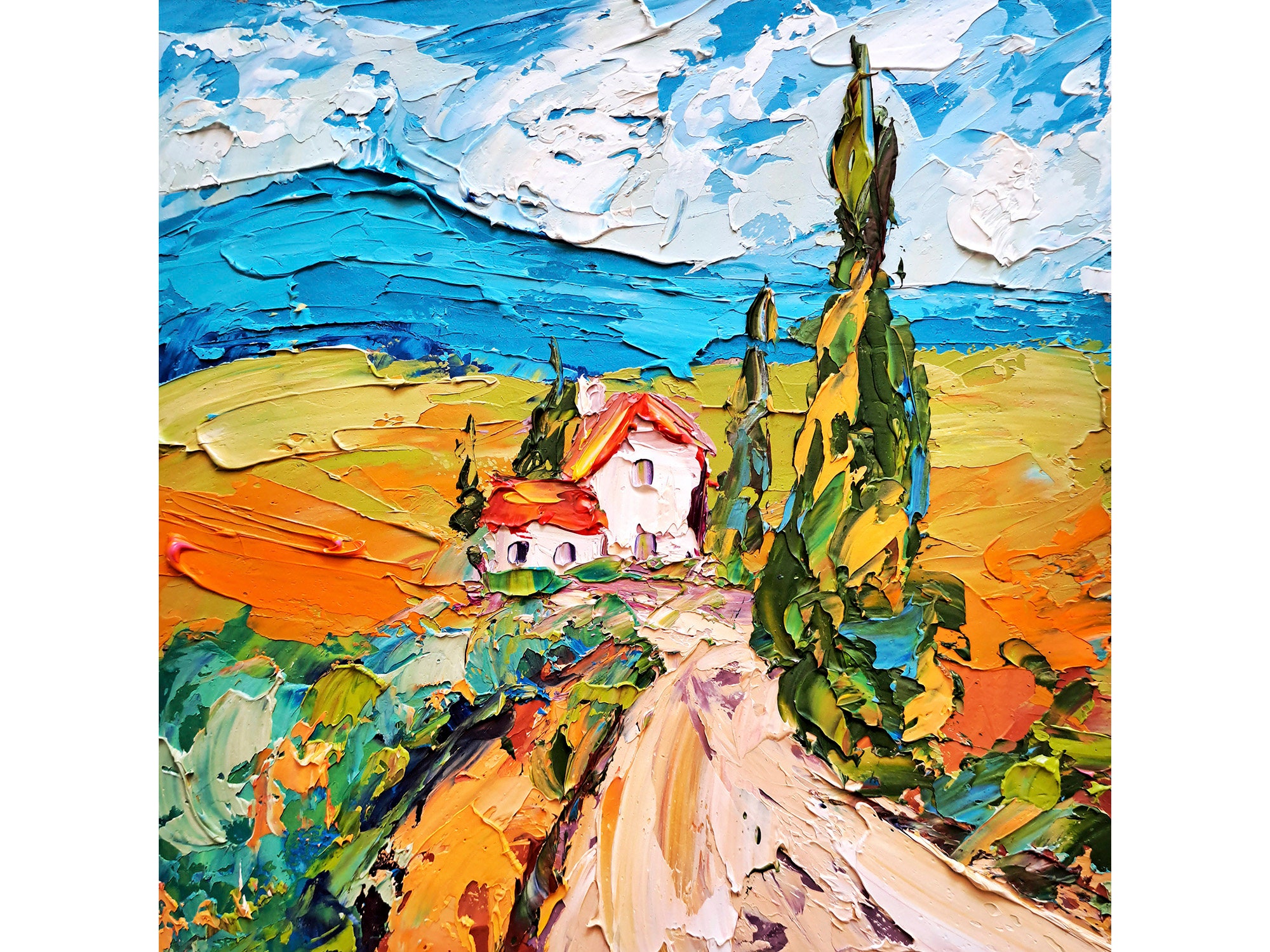トスカーナの油絵 イタリアの野原 オリジナルアート 田舎の風景