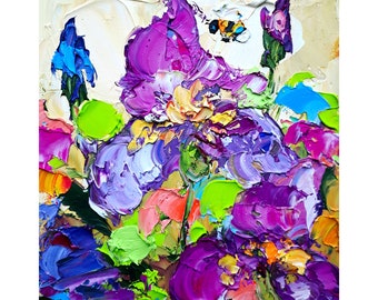 Iris Flowers Oil Painting Blooming Impasto Original Art Honeybee Artwork Flowers Wall Art Personalized Gifts by ArtSenya