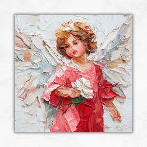 Christmas Angel Large Oil Painting Angel Wings Impasto Original Wall Art Rustic Interior Wall Painting Gift by ArtSenya