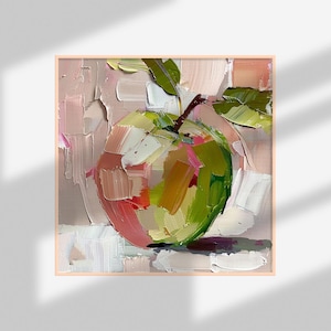 May include: A painting of a green apple with pink and yellow highlights, with a stem and leaves, on a pink and white background.