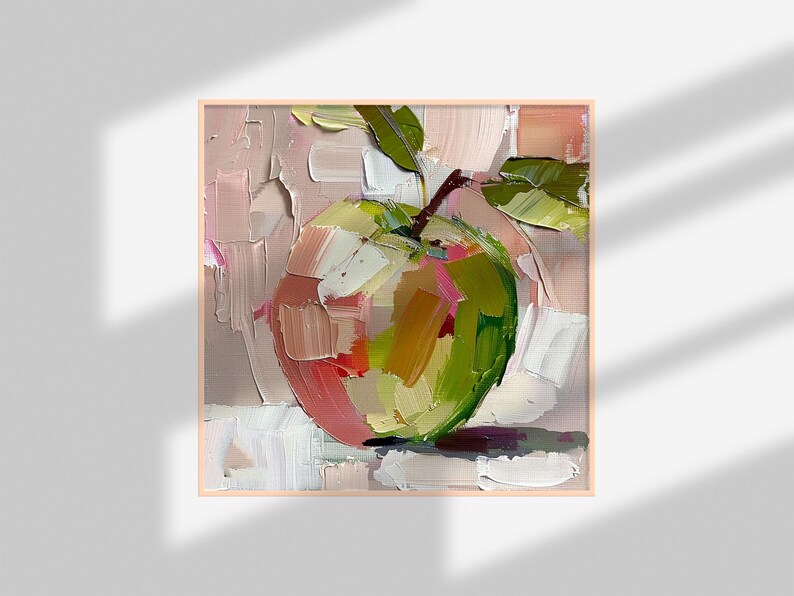 May include: A painting of a green apple with pink and yellow highlights, with a stem and leaves, on a pink and white background.