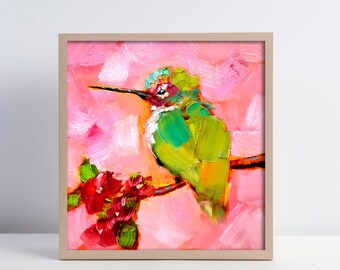 Hummingbird Painting Bird Original Art Animals Artwork 10&quot; by 10&quot; by ArtSenya