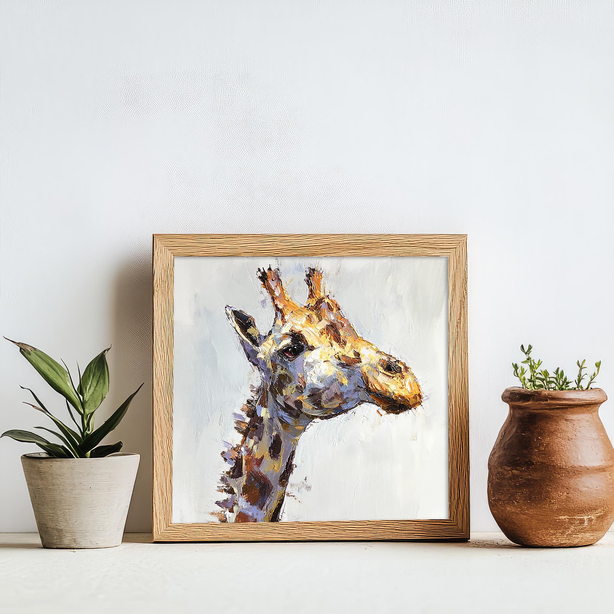 キリンの油絵：インパスト動物アートテクスチャ野生動物壁装飾モダン