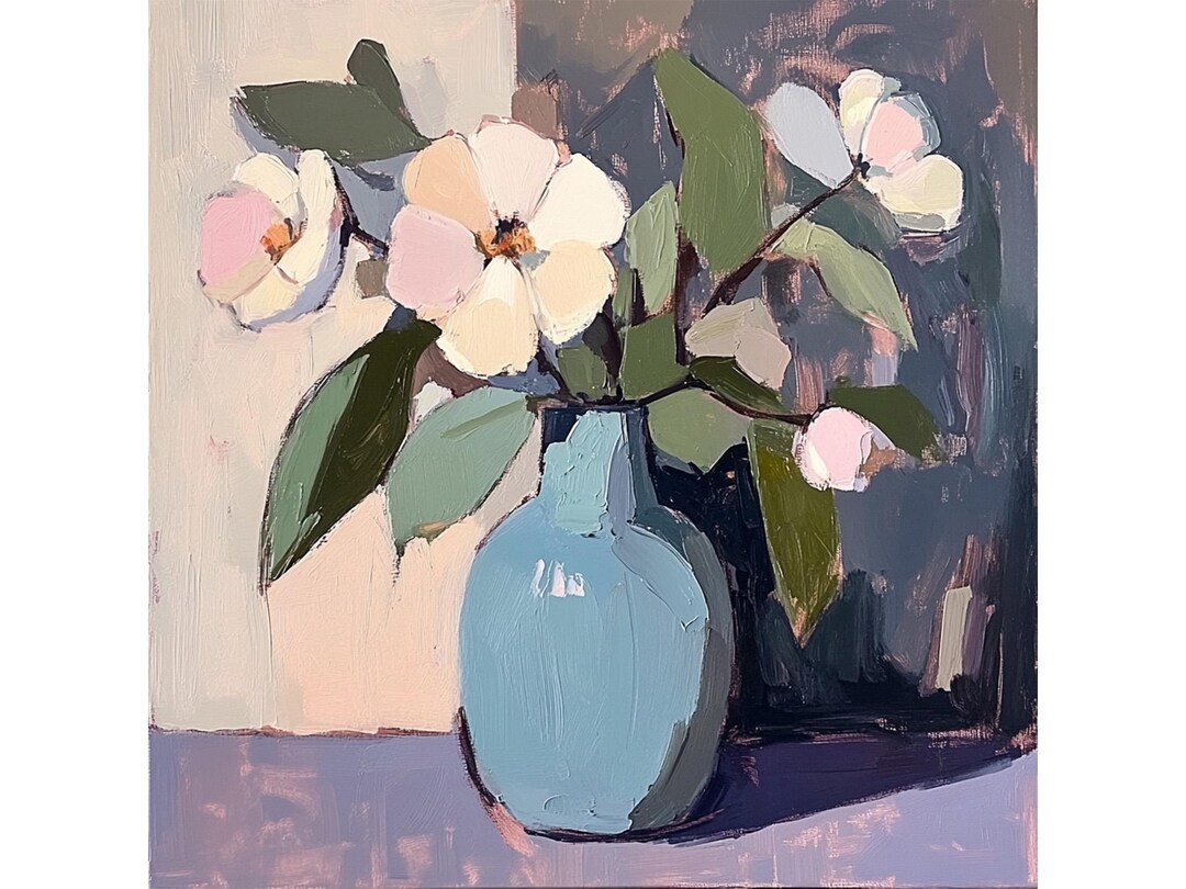 Flowers in a Blue Vase Minimalist Floral Still Life Wall Art Modern ...