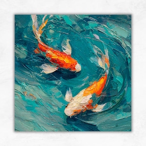 Koi Fish Painting: Oil Impasto Art Japanese Wall Decor Blue Orange Fish Artwork Textured Palette Knife Painting Aquatic Home Decor
