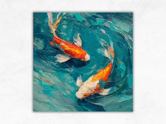 Koi Fish Painting: Oil Impasto Art Japanese Wall Decor Blue Orange Fish Artwork Textured Palette Knife Painting Aquatic Home Decor