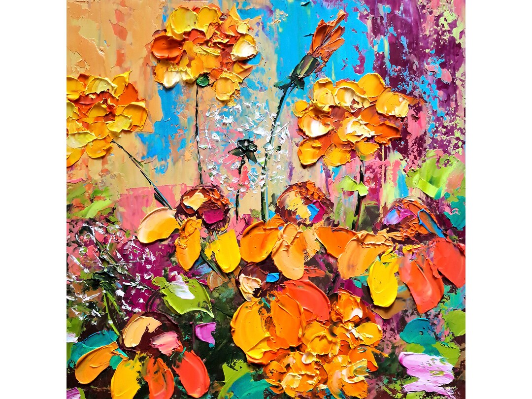 Dandelion Original Art Floral Impasto Oil Painting Rudbeckia Flowers ...