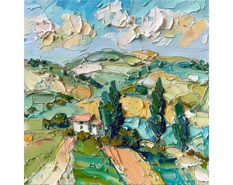 May include: A painting of a landscape with a small white house, green trees, and rolling hills. The sky is blue with white clouds. The painting is done in a thick, impasto style.