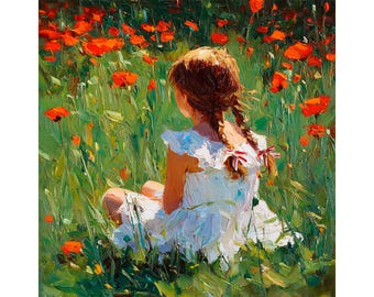 女の子のアート：ポピー畑のインパスト油絵 子供用ウォールアート 素朴