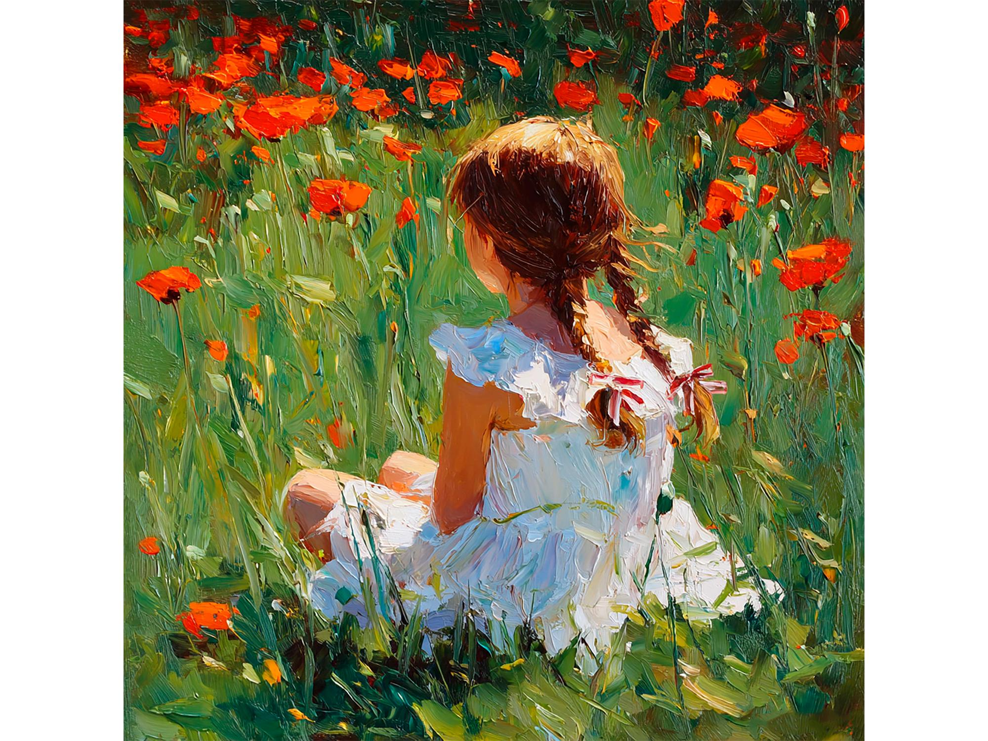 女の子のアート：ポピー畑のインパスト油絵 子供用ウォールアート 素朴