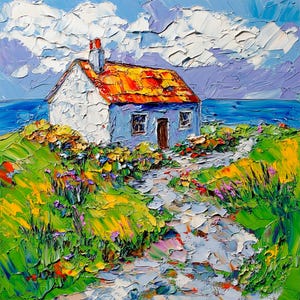 Irische Haus Gemälde Auf Leinwand Irische Landschaft Impasto Kunstwerk Irish White Cottage Wandkunst Muttertagsgeschenk von ArtSenya
