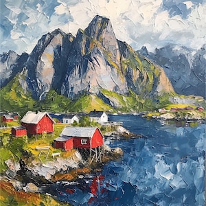 Lofoten Islands Oil Painting Norway Original Fine Art Norwegian Houses Impasto Wall Art Decor by ArtSenya