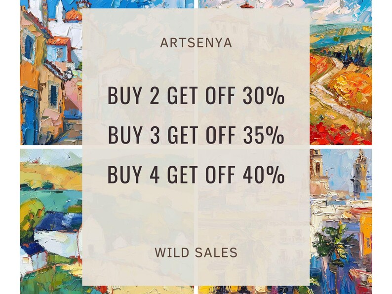 May include: A white and beige sign with the text "ARTSENYA" at the top. The sign has a white background with black text and lists discounts for buying multiple items. The text reads "BUY 2 GET OFF 30%", "BUY 3 GET OFF 35%", and "BUY 4 GET OFF 40%". The sign also has the text "WILD SALES" at the bottom.