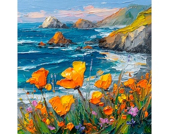 California Poppy Oil Painting: Coastal Impasto Landscape Art (10x10)