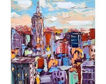 Horizon de New York, peinture à l'huile sur toile, oeuvre d'art originale New York Cityscape empâtement, cadeaux personnalisés par ArtSenya