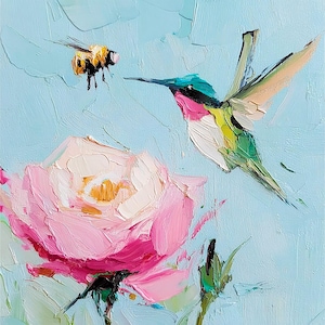 Impasto Hummingbird & Rose Oil Painting on Canvas - ArtSenya