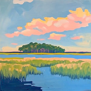 Coastal Marsh Landscape Painting Soft Pastel Sky Island Wall Art Modern Nature Scene Lowcountry Decor by ArtSenya