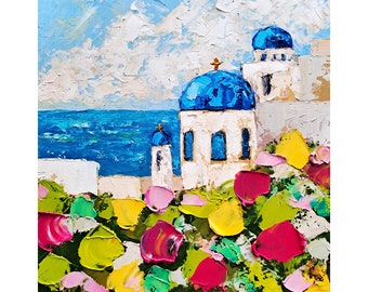 Santorini Ölgemälde Griechenland Landschaft Original Kunst Oia Impasto Kunstwerk Stadtbild Wandkunst Reisegeschenke von ArtSenya