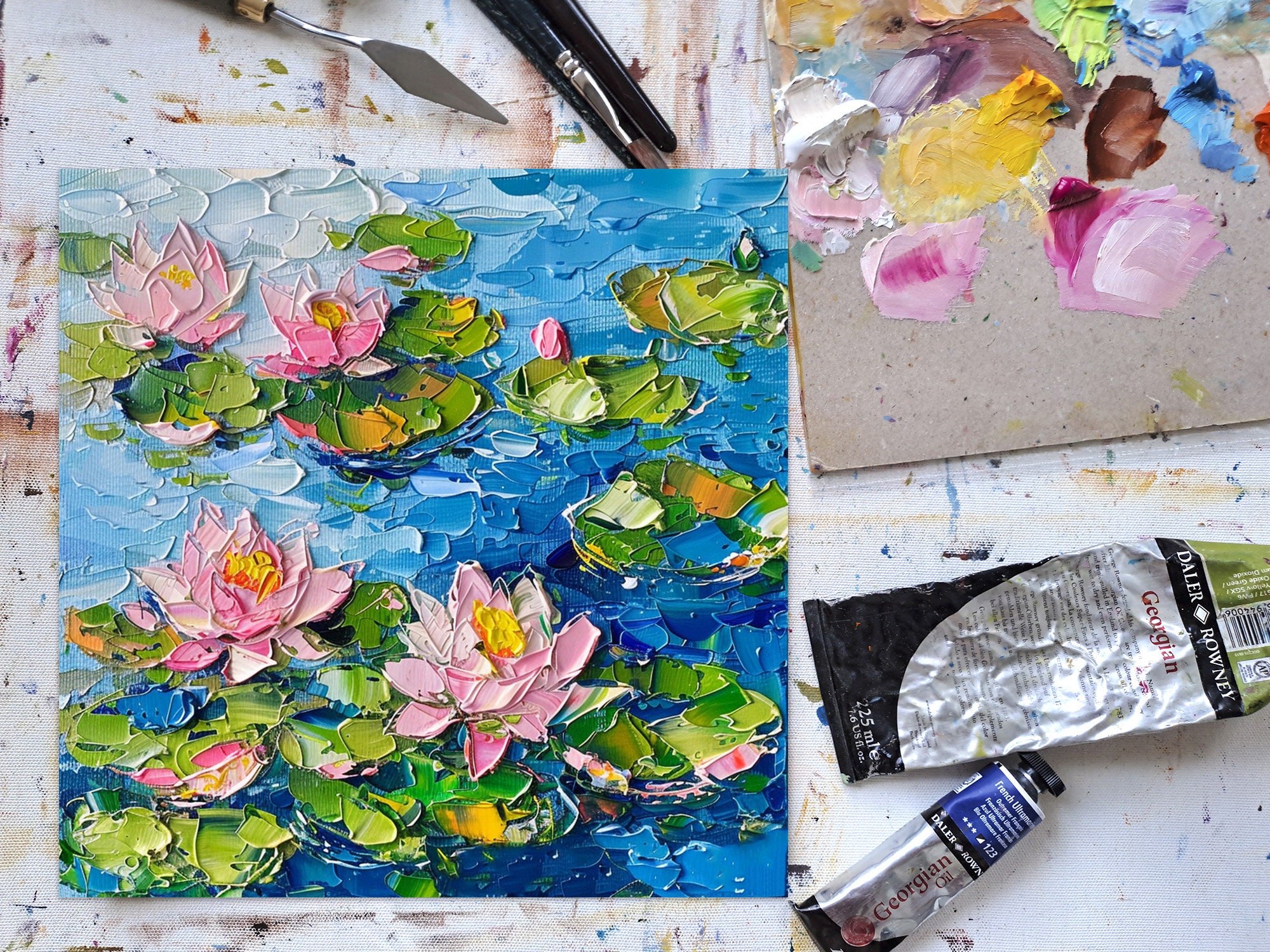 Water Lilies Oil Painting on Canvas Flowers Impasto Original Art Floral ...