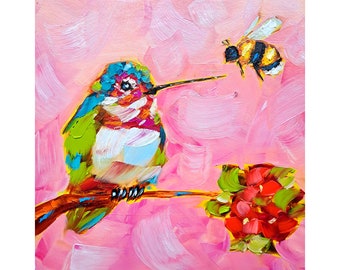 Kolibri Malerei Biene Original Fine Art Tiere Impasto Kunstwerk Kinderzimmer Wand Kunst Dekor Frühling Geschenke für Sie von ArtSenya