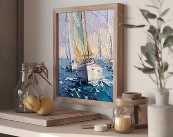 インパストヨット絵画：帆船レガッタ、海景油絵 - Etsy 日本