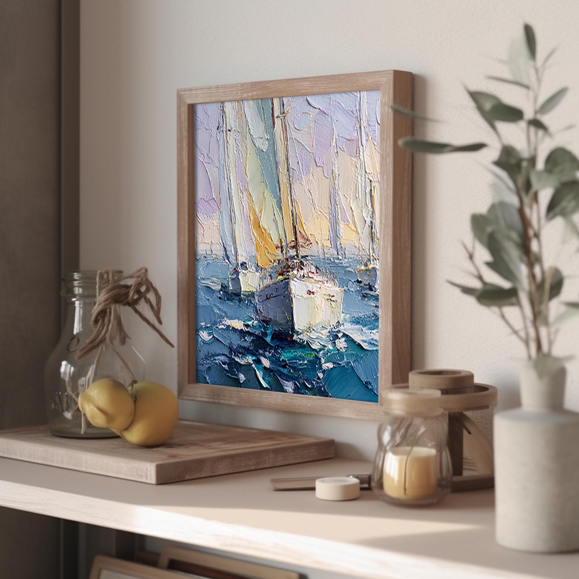 インパストヨット絵画：帆船レガッタ、海景油絵 - Etsy 日本
