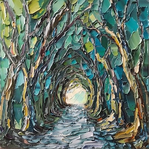 Peut inclure: Une peinture représentant un chemin à travers une forêt, avec une lumière vive au bout. Les arbres sont peints dans des tons de vert, bleu et jaune, avec un style de coups de pinceau texturés.