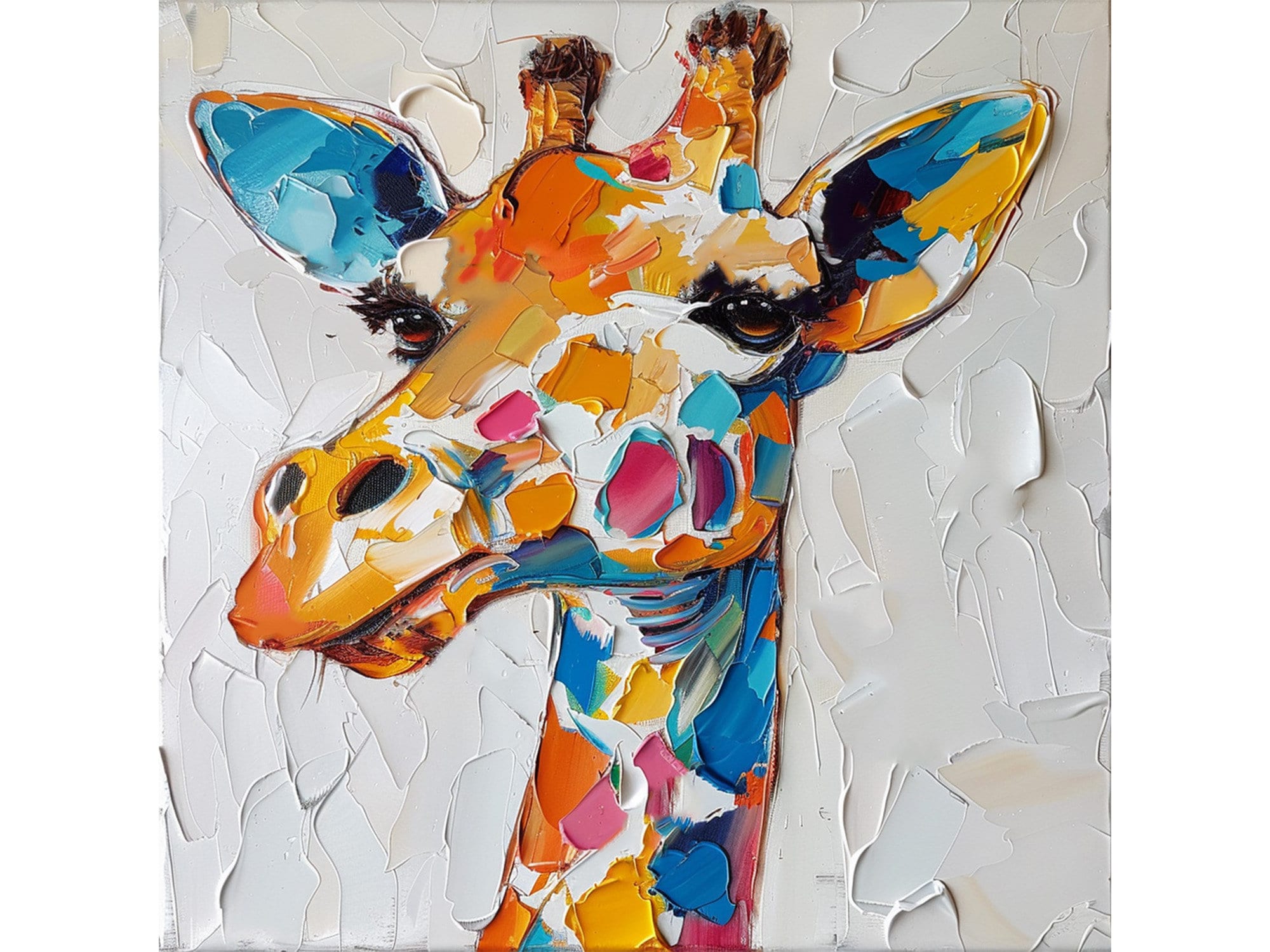 キリンの肖像画 厚塗り オリジナル絵画 動物油絵 キリンの壁アート