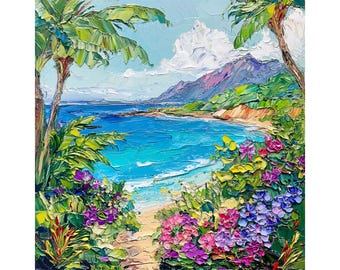 Pintura al óleo de playa hawaiana: vibrante paisaje marino con empasto y decoración de palmeras costeras