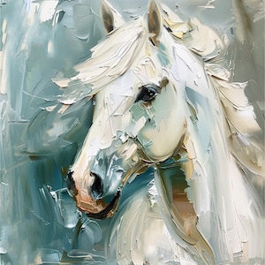 May include: A portrait painting of a white horse against a teal background. The horse's mane and tail are flowing in the wind. The painting is executed in a loose, impressionistic style.