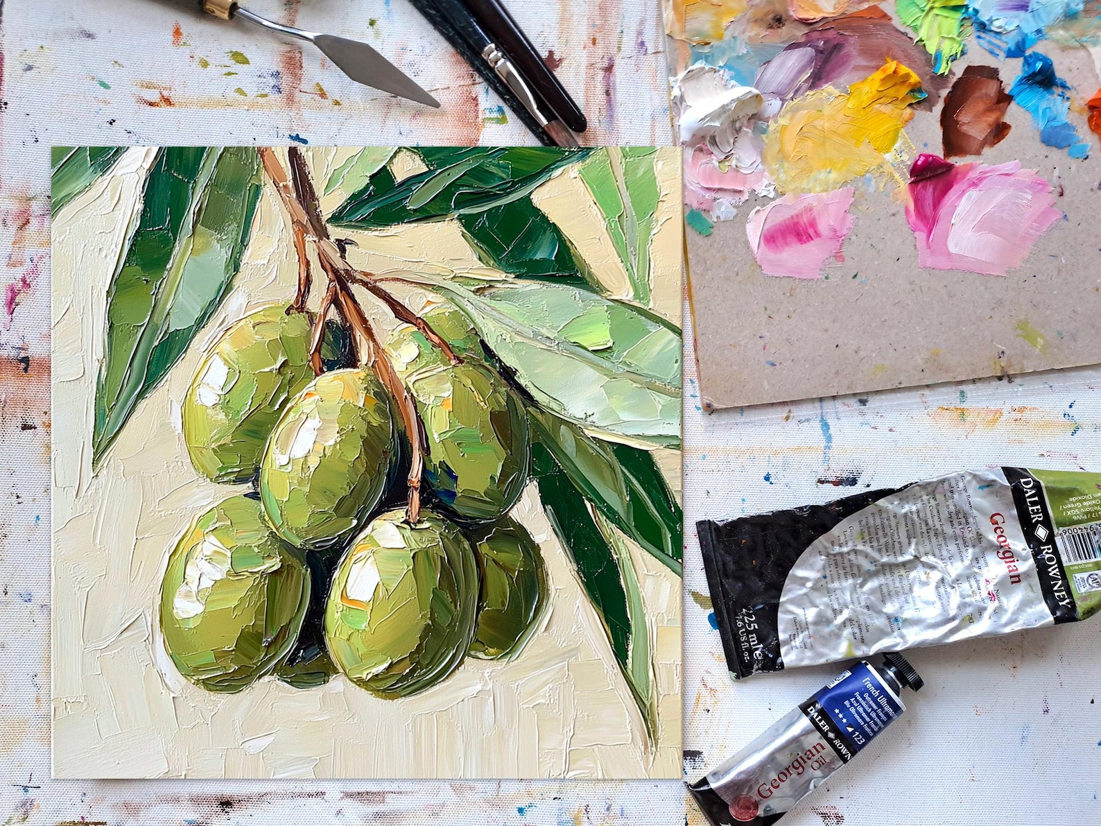 Olive Branch Painting on Canvas Green Olives Impasto Art Mediterranean ...