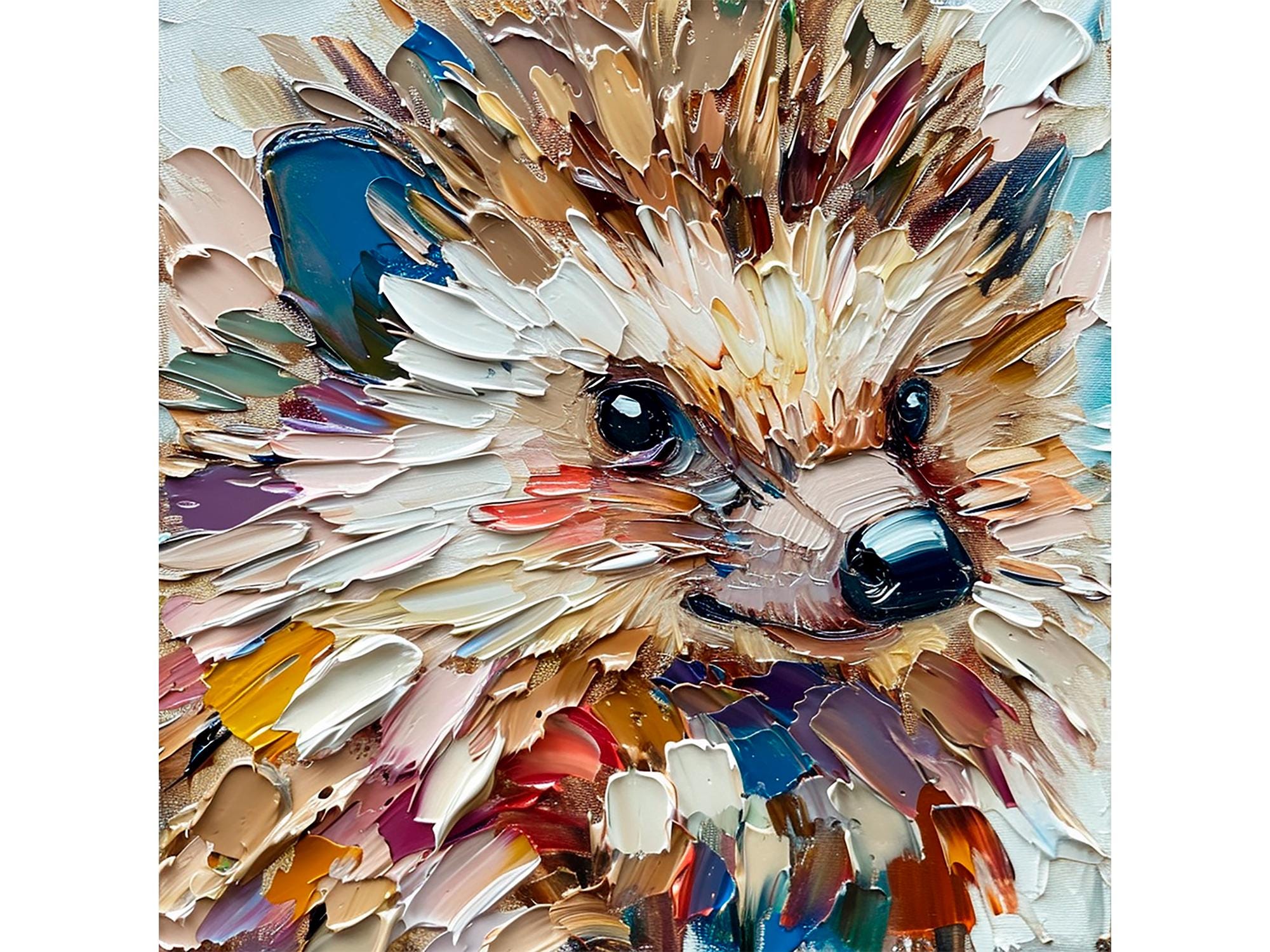 ハリネズミの油絵：カラフルなインパスト動物アート、テクスチャアート