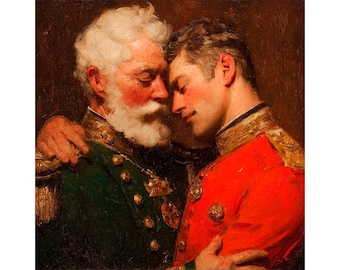 May include: An oil painting depicts two men embracing. One man, older with a white beard, wears a green military jacket. The other, younger, is in a red military uniform. Both have their eyes closed, their faces touching.