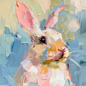 May include: A close-up painting of a white rabbit with pink ears. The rabbit's fur is painted with a loose, textured style, and the background is a mix of blue, green, and yellow.
