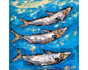 Sardine Ölgemälde Tiere Original Art Fisch Impasto Kunstwerk Marine Wandkunst