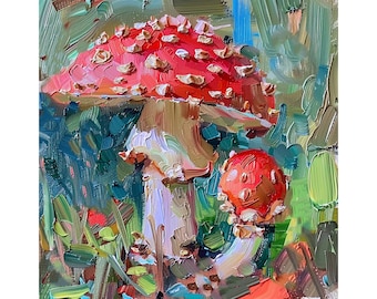 Fly Agaric Mushroom Painting: Botanical Impasto Textured Art