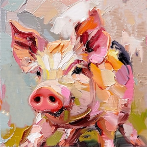 キャンバスに描かれた豚の油絵 子豚の動物 オリジナルアート 素朴な動物のアートワーク ペットの肖像画 ペットへのギフト ArtSenya