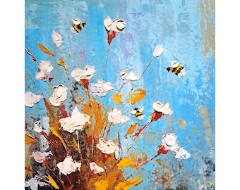 Cotton Painting Honeybee Original Art Floral Impasto Oil Artwork Flowers Wall Art by ArtSenya