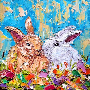 Bunny Impasto Oil Painting Rabbit Original Art Friendship Artwork Wall Art Decor for Home Gifts for Her by ArtSenya
