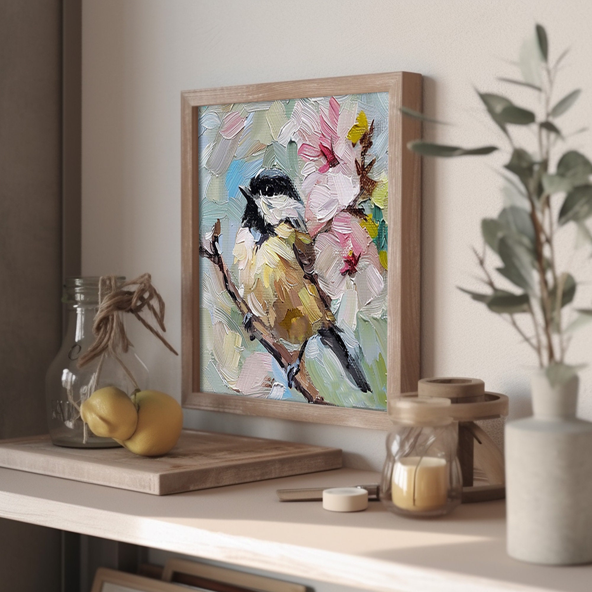 キャンバス油絵　専用　鳥とお花とおじさんと チカディー キャンバス油絵 小鳥 オリジナル絵画 花 キャンバスアート