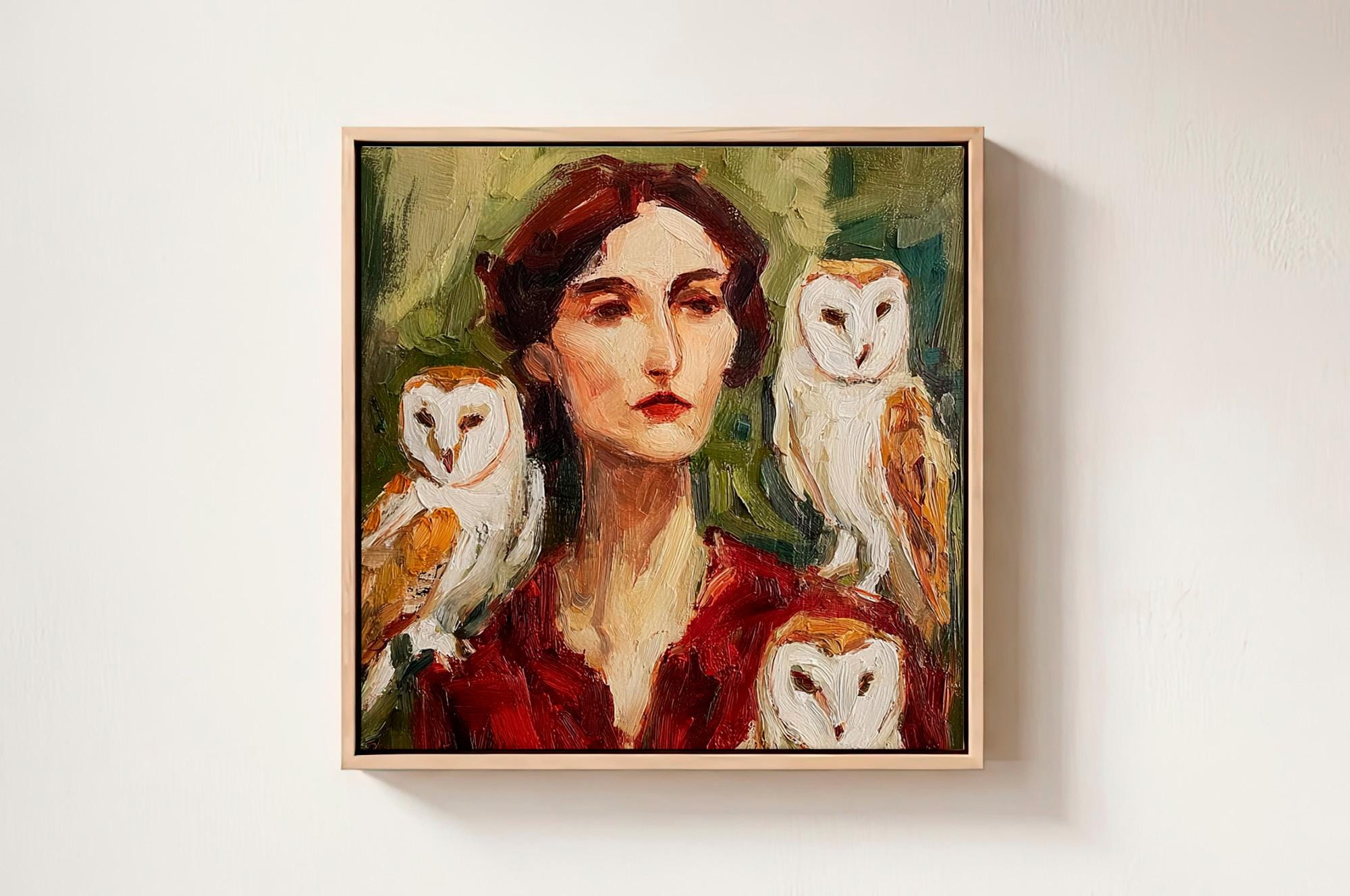 Woman Portrait with Owls Oil Painting Canvas Large Original Folk Art Bird Wall Art by ArtSenya