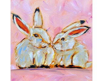 Two Rabbit Painting Easter Day Bunny Original Art Animals Oil Painting Pet Portrait Artwork Spring Easter Gifts by ArtSenya